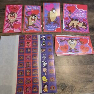 Looney Tunes Tazmanian Devil Valentine's Day Cards & Stickers Lot of 6 Some Used
